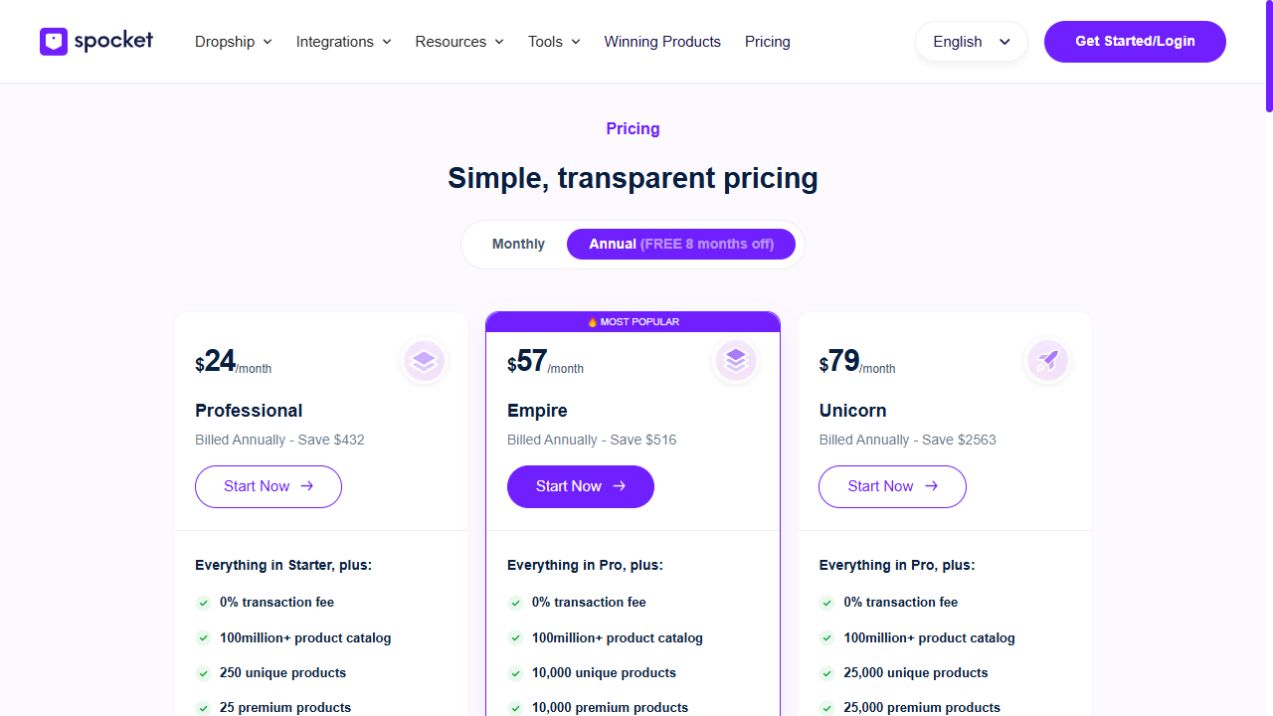 Screenshot of annual billing options