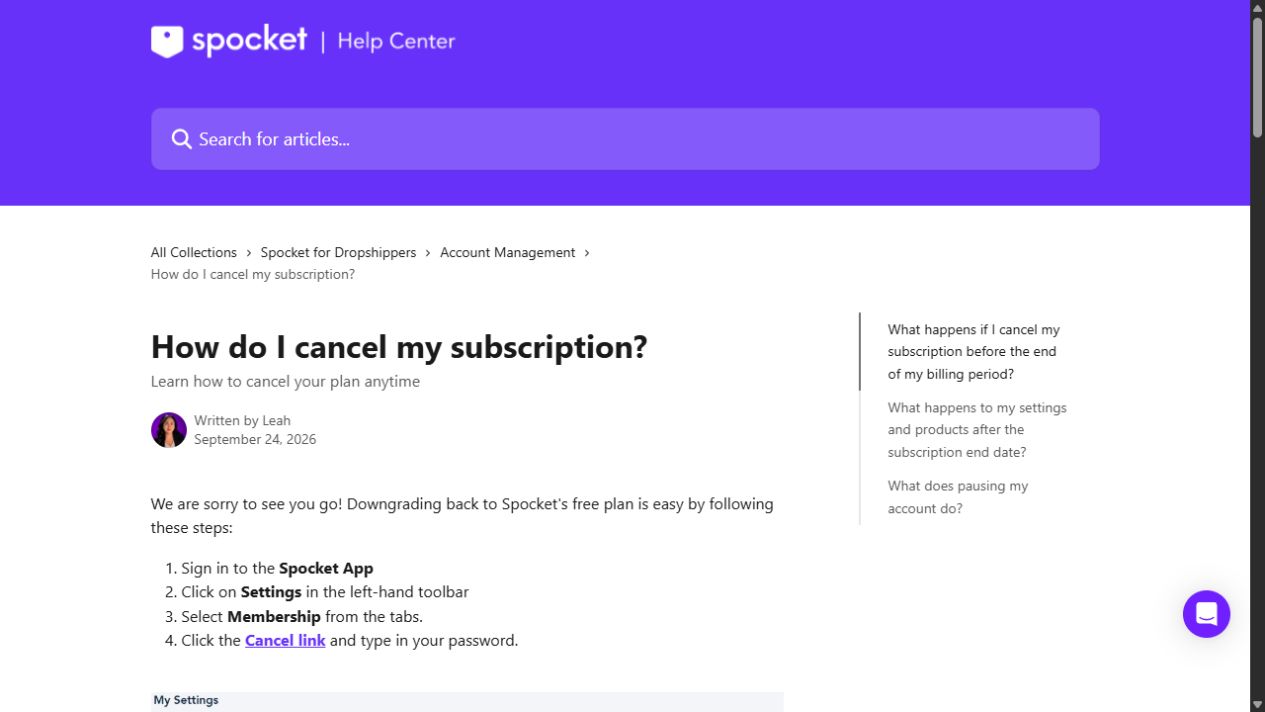 Screenshot of official cancellation instructions