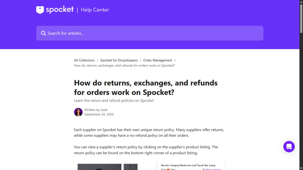 Screenshot of official product return guidance