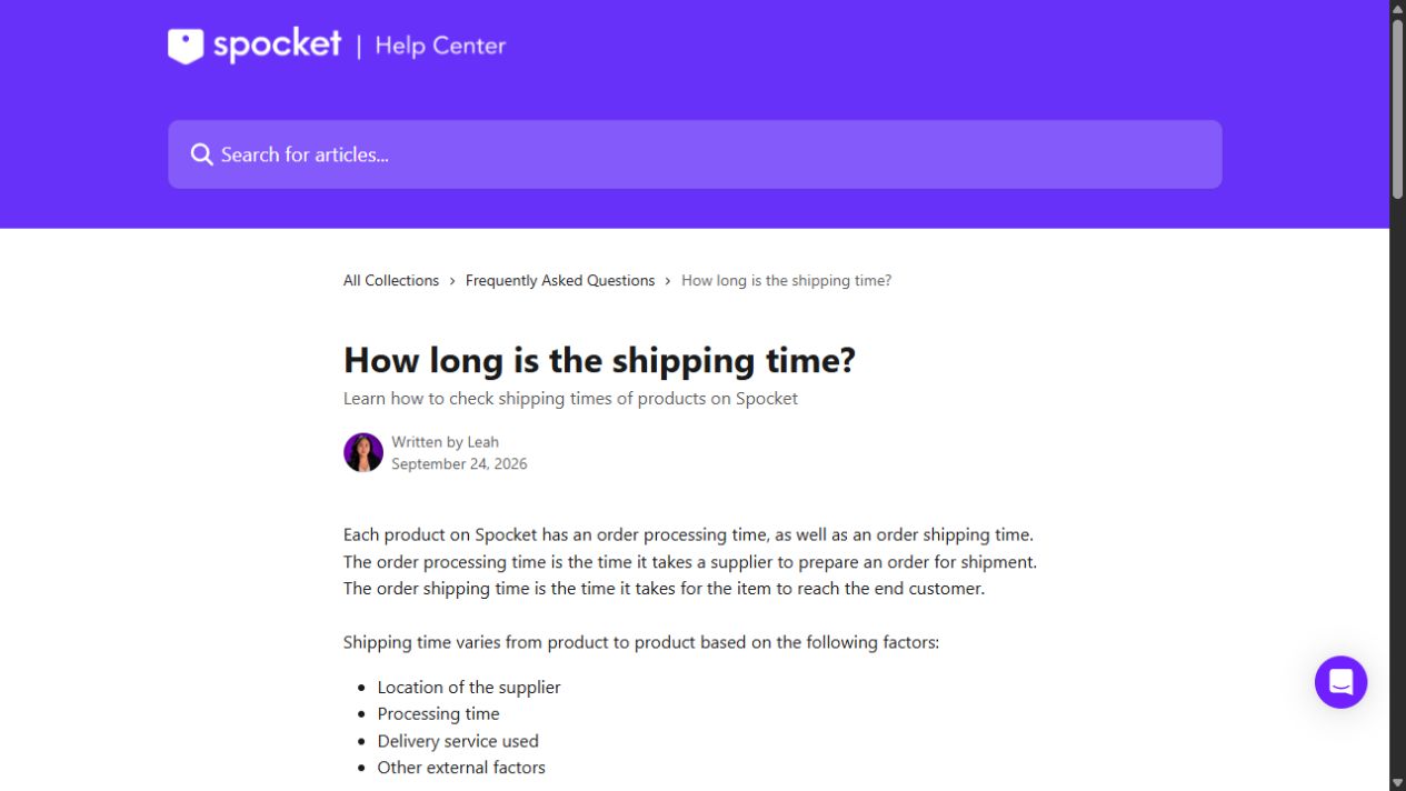 Screenshot of official shipping-time guidance